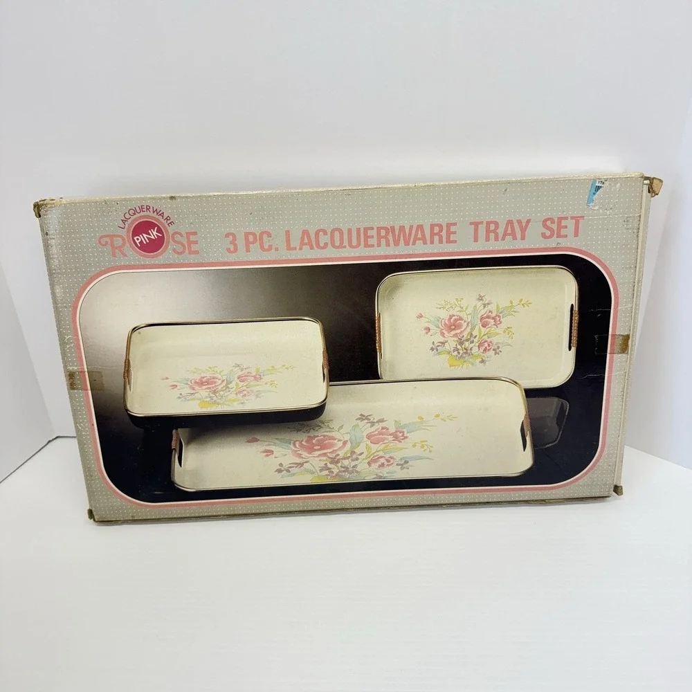 Vintage Lacquerware 3 Piece Tray Set Rose NOS Sealed In Box Jay Imports Japan